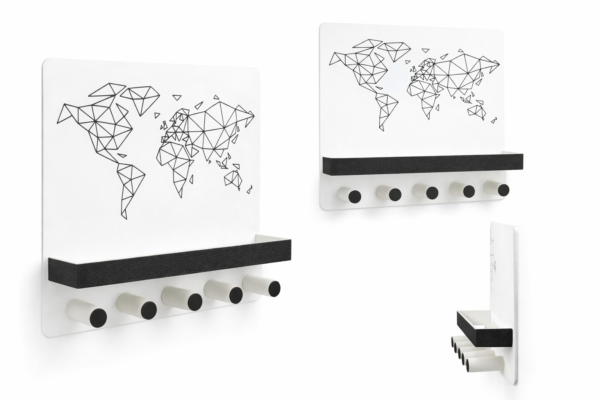 K3_D2 World Map Key Holder with Shelf – Geometric Wall Organizer
