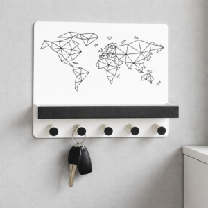 K3_D4 World Map Key Holder with Shelf – Geometric Wall Organizer